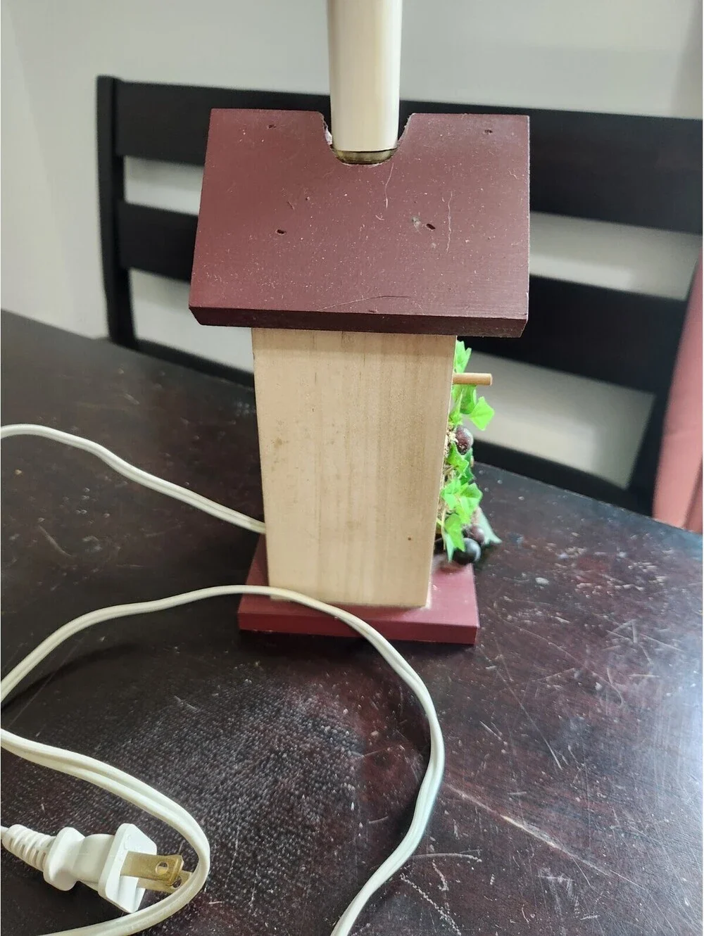 Wood Birdhouse Novelty Table Lamp Painted Brown, Corded Switch, White Cord